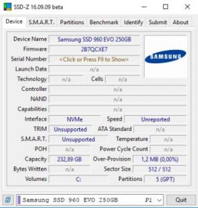 Samsung 960 EVO MZ-V6E250BW im AS SSD Benchmark